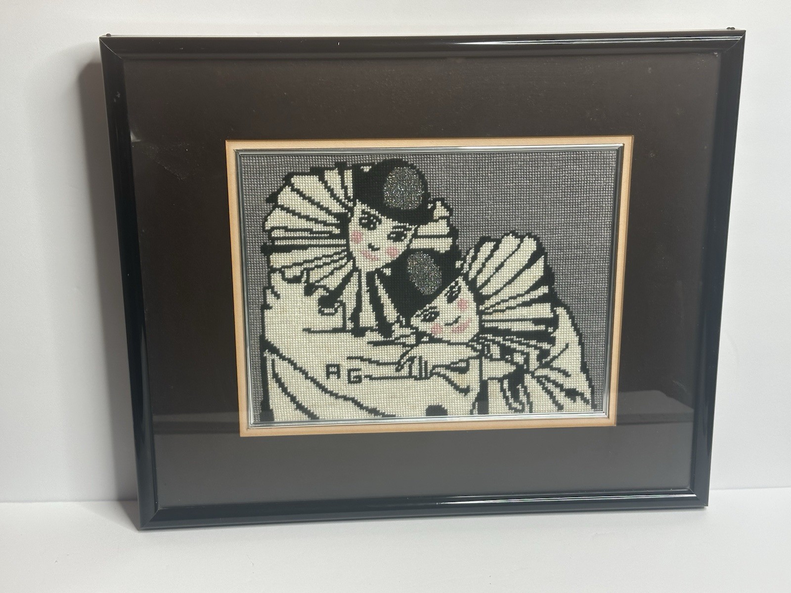 Framed Finished Cross Stitch Needlework Art Pierrot Clown Design Signed A G 