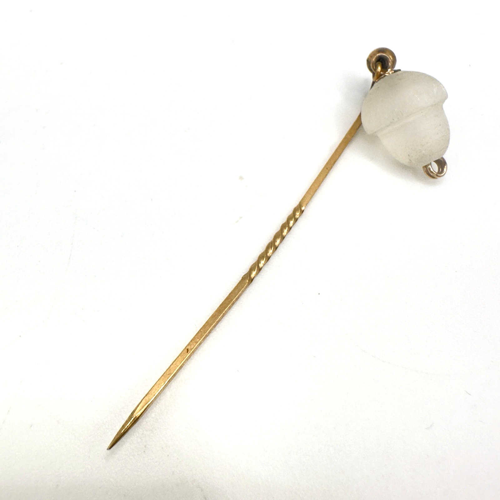 Antique Edwardian Stick Pin Frosted Satin Glass Acorn Dangle Gilt Metal
