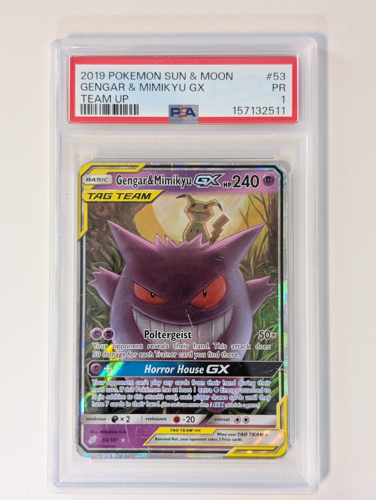 2019 Pokemon SM Sun Moon Team Up PSA 1 Gengar & Mimikyu GX #53 Tag FA Holo