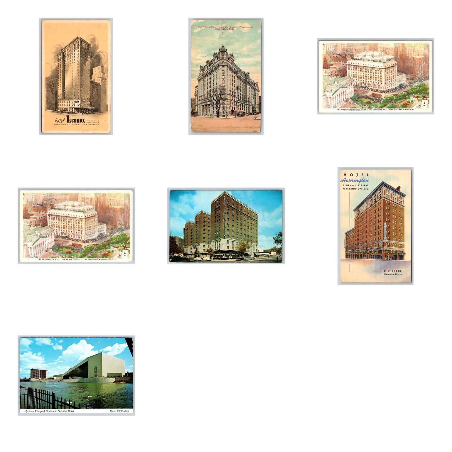 Lot of 7 Vintage Hotel Washington Postcards Street Art Aerial Harrington Lenox