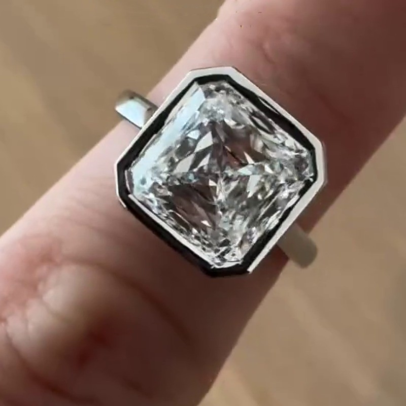 9mm Asscher Cut Moissanite Bezel Solitaire Engagement Ring 14K White Gold Plated