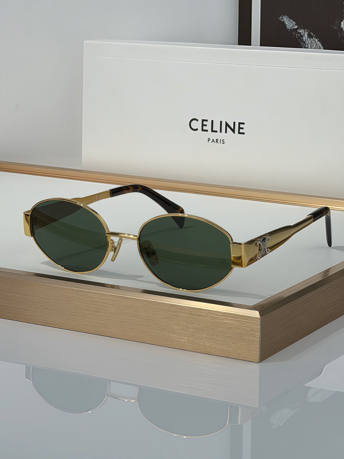 Celine CL40235U Oval Sunglasses Gold Metal Frame Green Lens