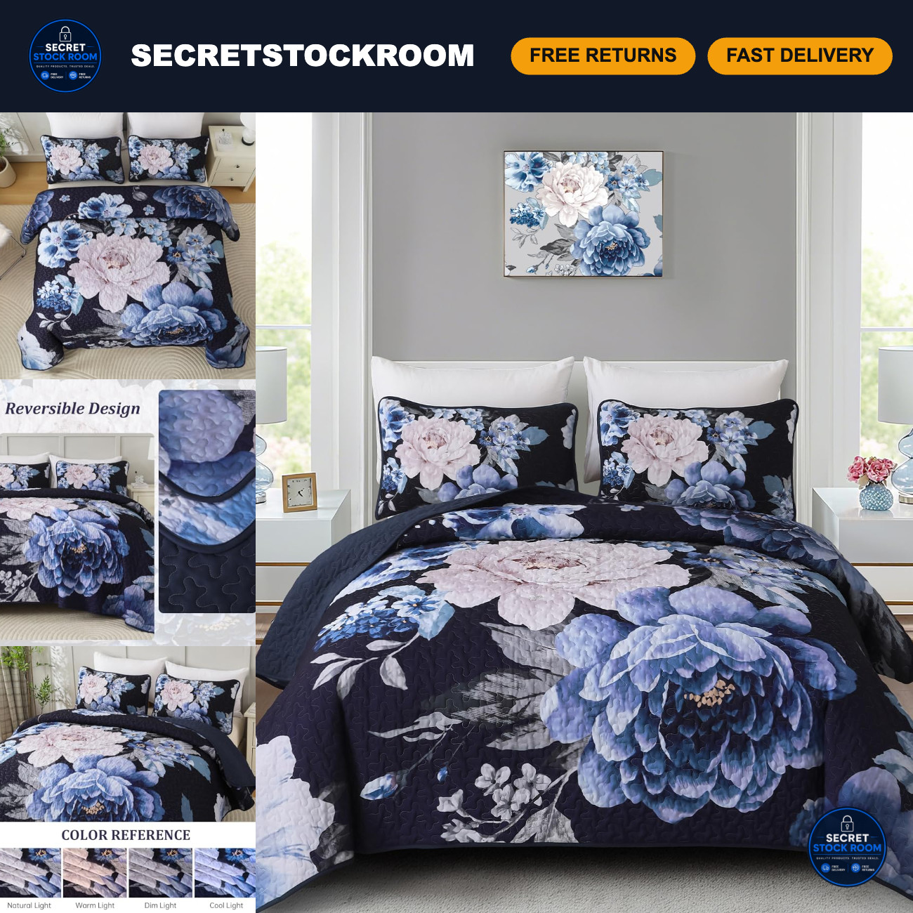 Navy Boho Floral Quilt Set - King Size 3-Piece Bedspread Bedding Set