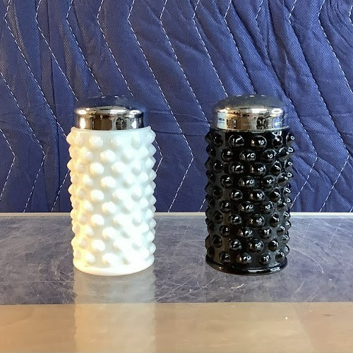 Fenton Black Glass & White Milk Glass Hobnail Salt & Pepper Shaker Set EUC