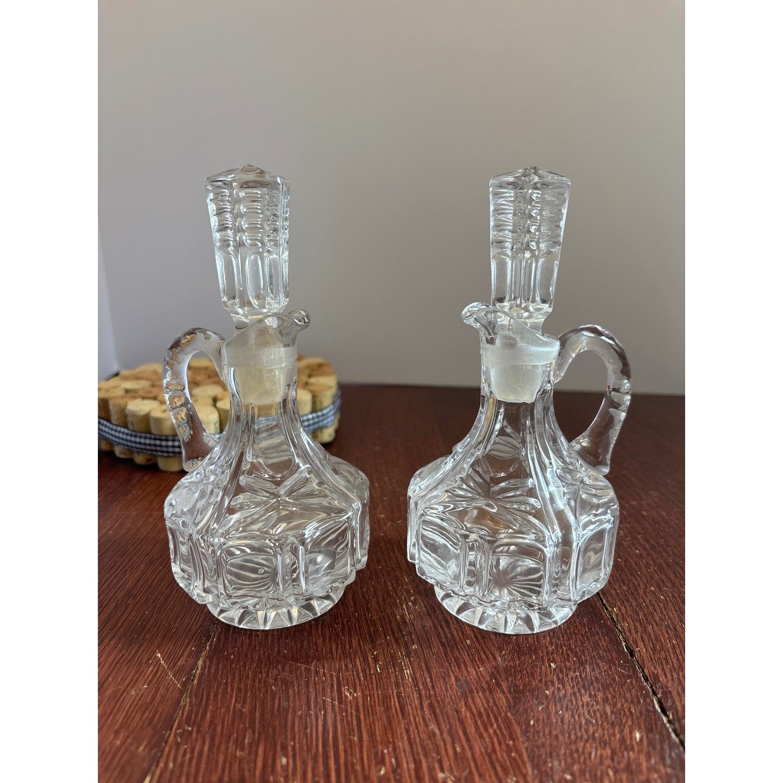 Vintage Clear Pressed Glass Cruet Set with Stoppers Oil and Vinegar Dispensers Vintage Clear Pressed Glass Cruet Set with Stoppers Oil and Vinegar Dispensers