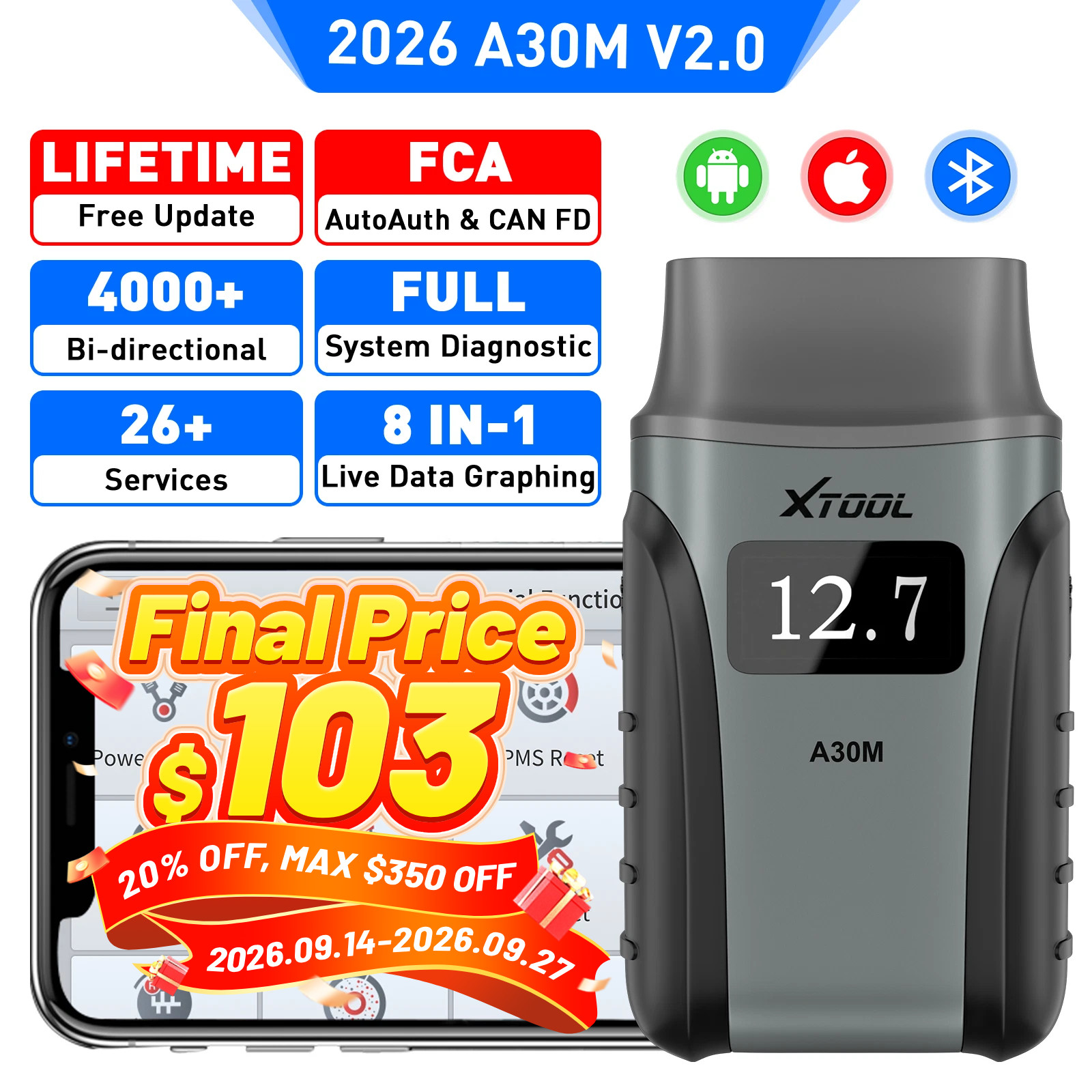 2026 XTOOL A30M V2.0 Bluetooth Full System Diagnostic Tool Bidirectional Scanner
