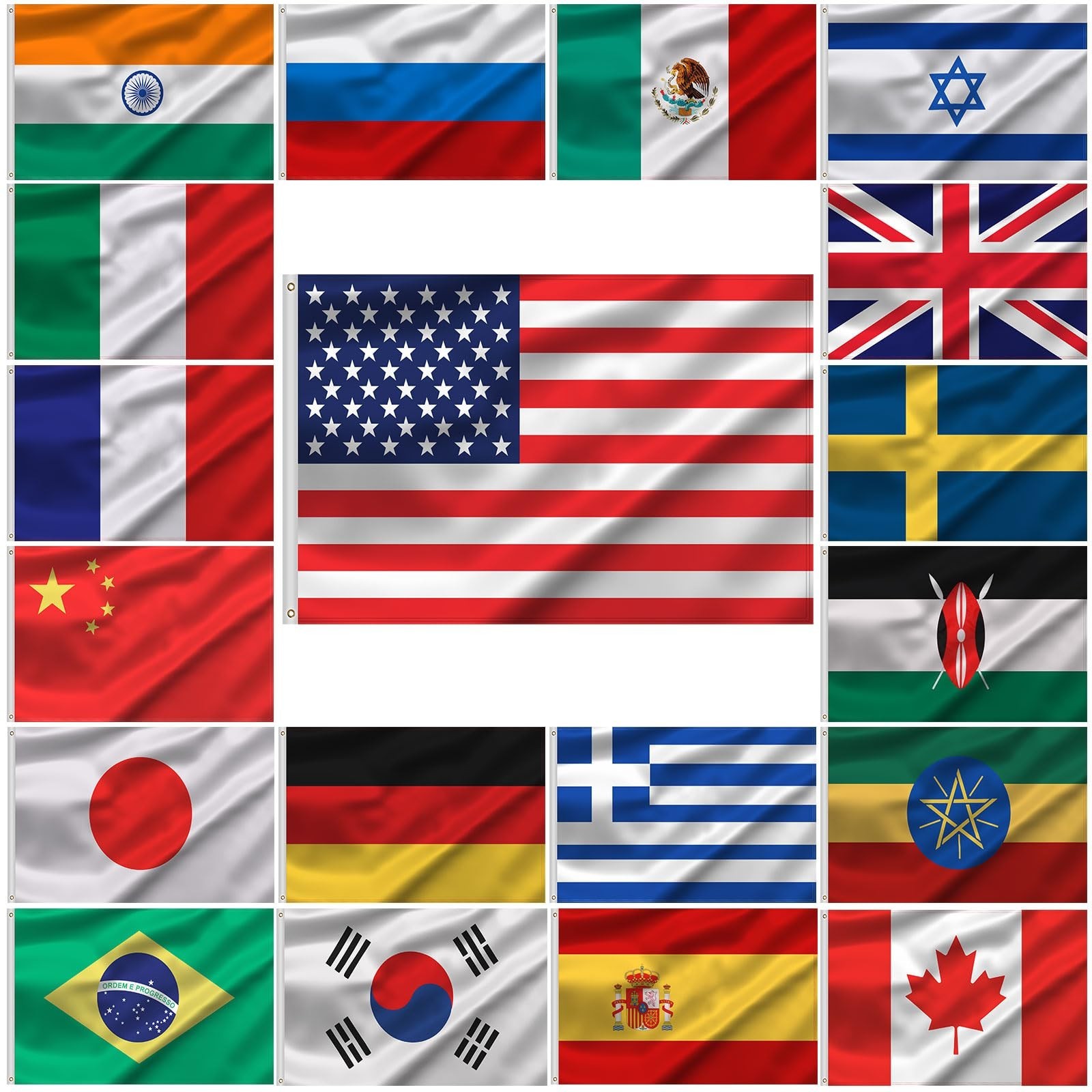 3x5 Country Flag Set of 20 - International Flags with Grommets for Events, Parti