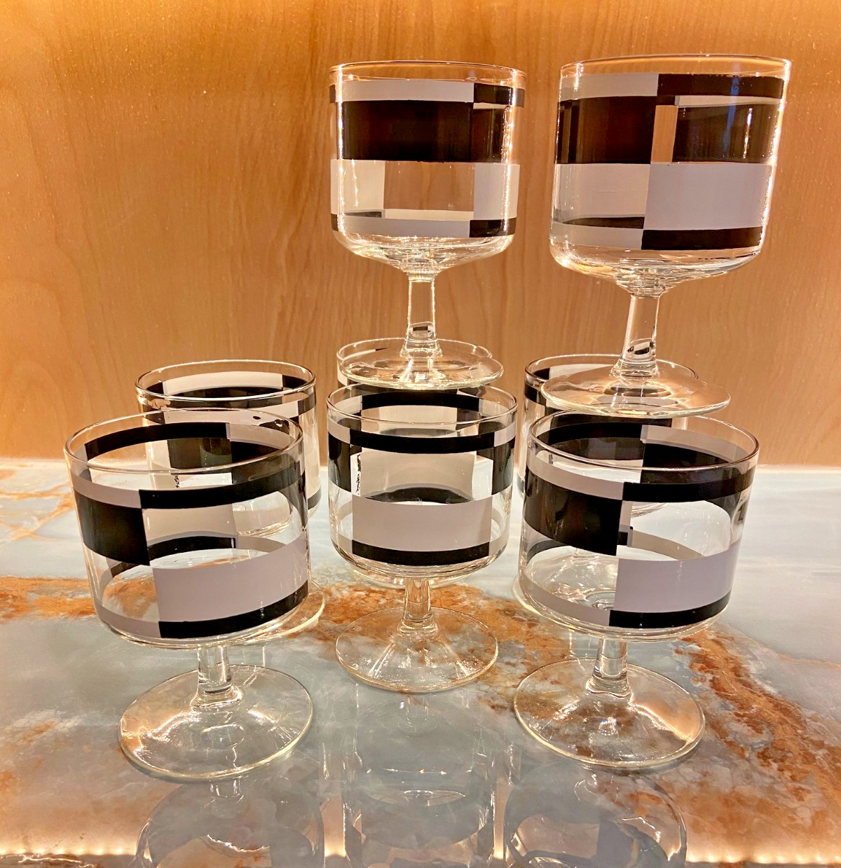 Vintage MCM Georges Briard Cocktail Glasses Black & White Block Set Of 8 1960’s