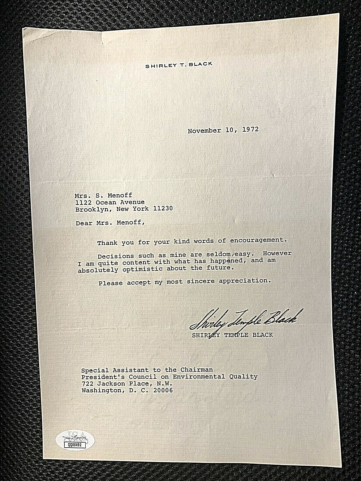  SHIRLEY TEMPLE SIGNED 1972 LETTER ON RARE 
