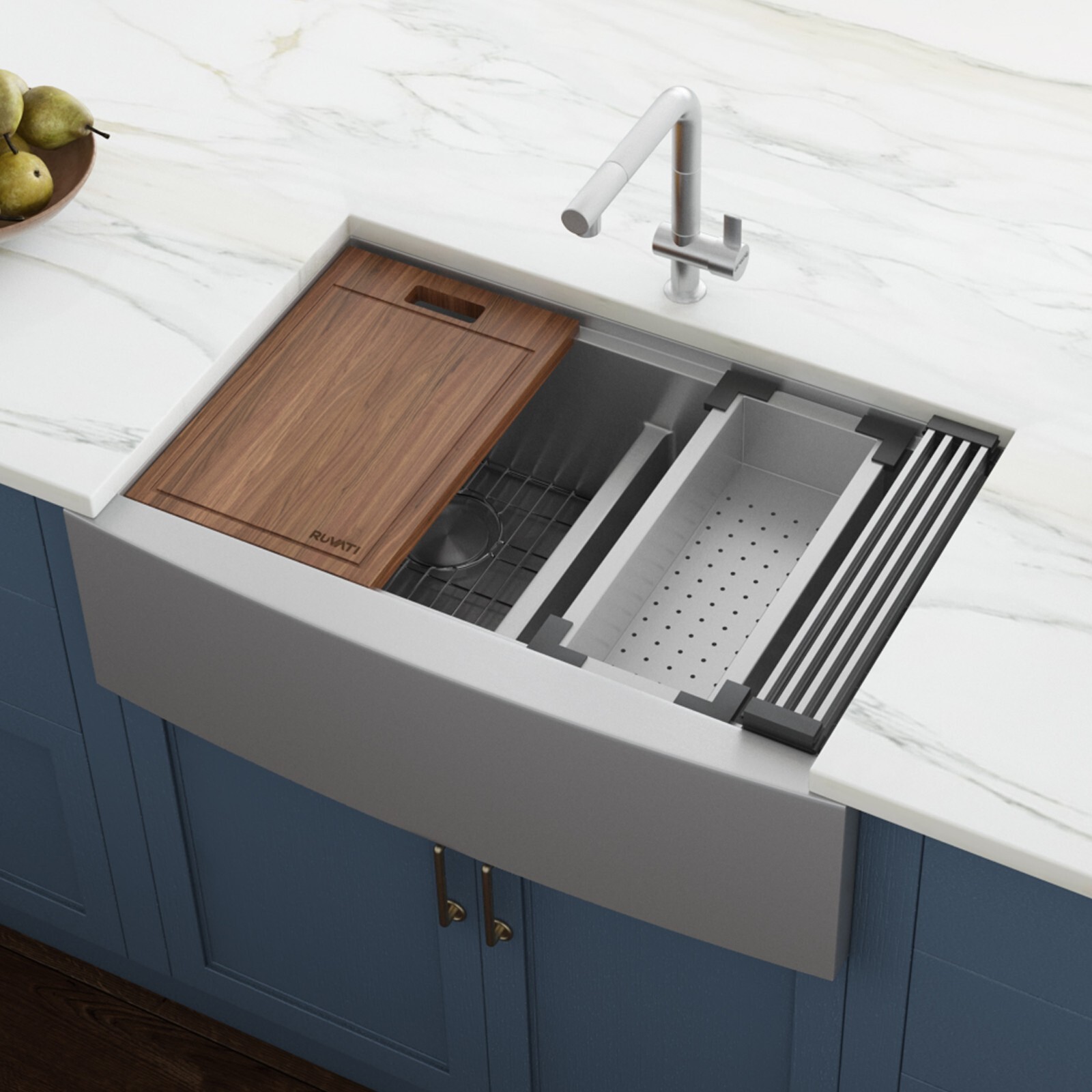 Ruvati 36″ Workstation Low-Divide DoubleBowl 50/50Farmhouse Kitchen Sink RVH9301