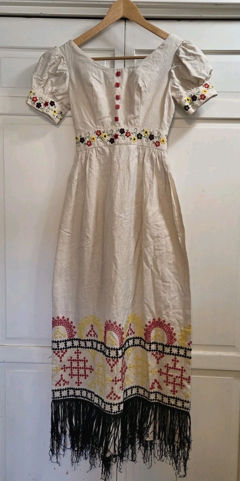 Vintage Handmade Ukrainian Folk Dress Hand Embroidered Linen Slavic Fringed S