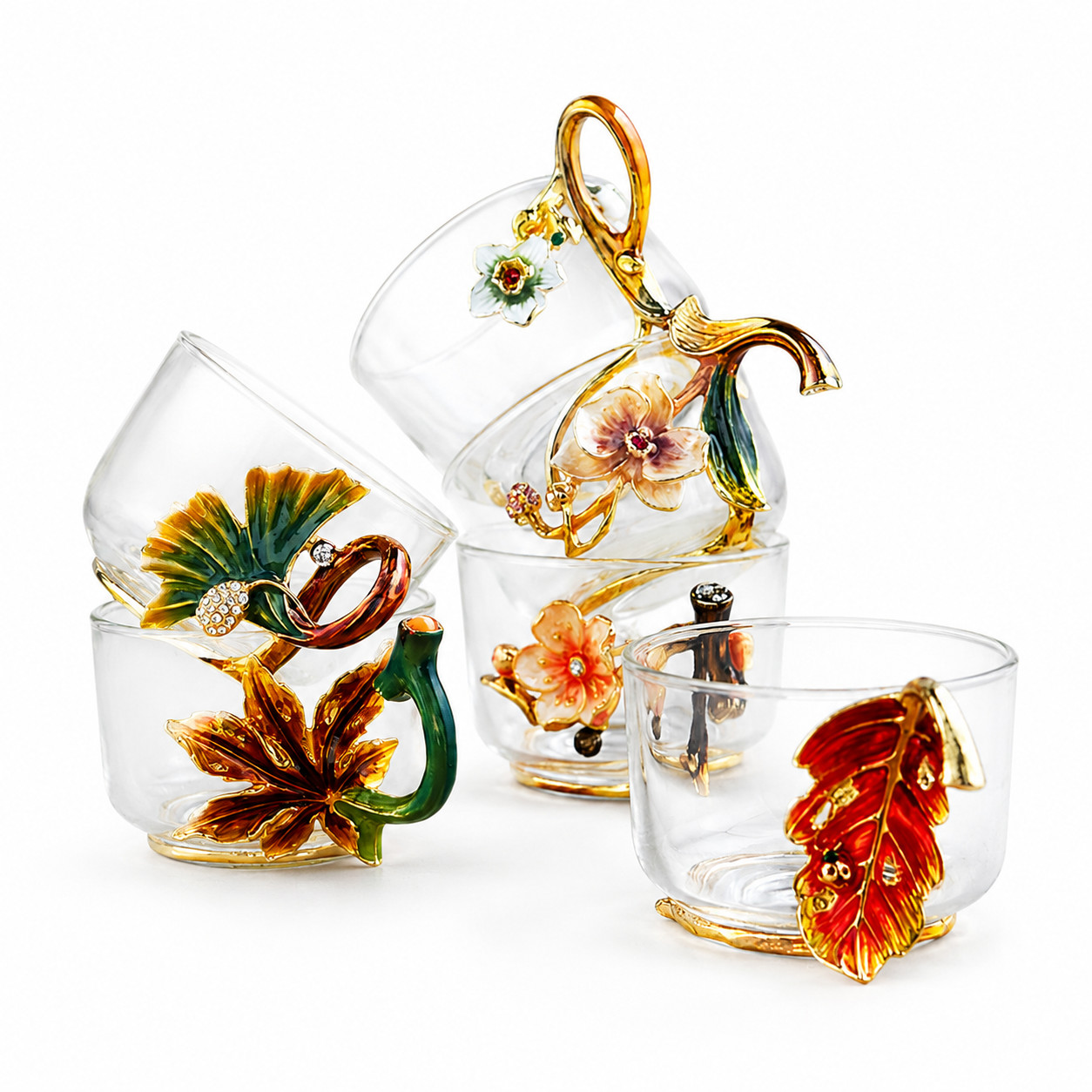 RORO 6-pc Vintage Crystal Teacup set with Enamel Flower Ornament 8 oz RORO 6-pc Vintage Crystal Teacup set with Enamel Flower Ornament 8 oz