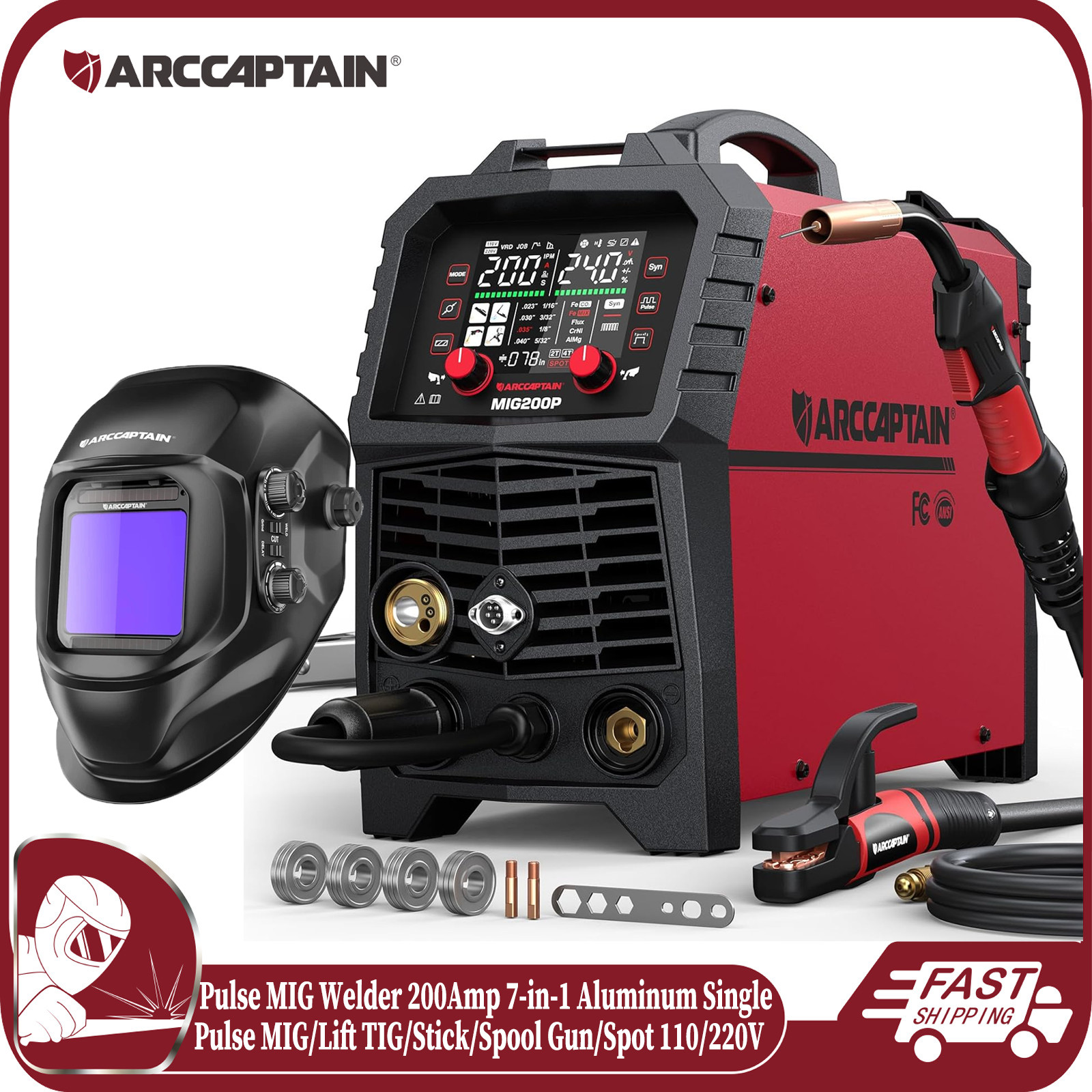 ARCCAPTAIN 200A MIG Welder 7-in-1 Single Pulse MIG/Flux Core/TIG/Stick 110V 220V