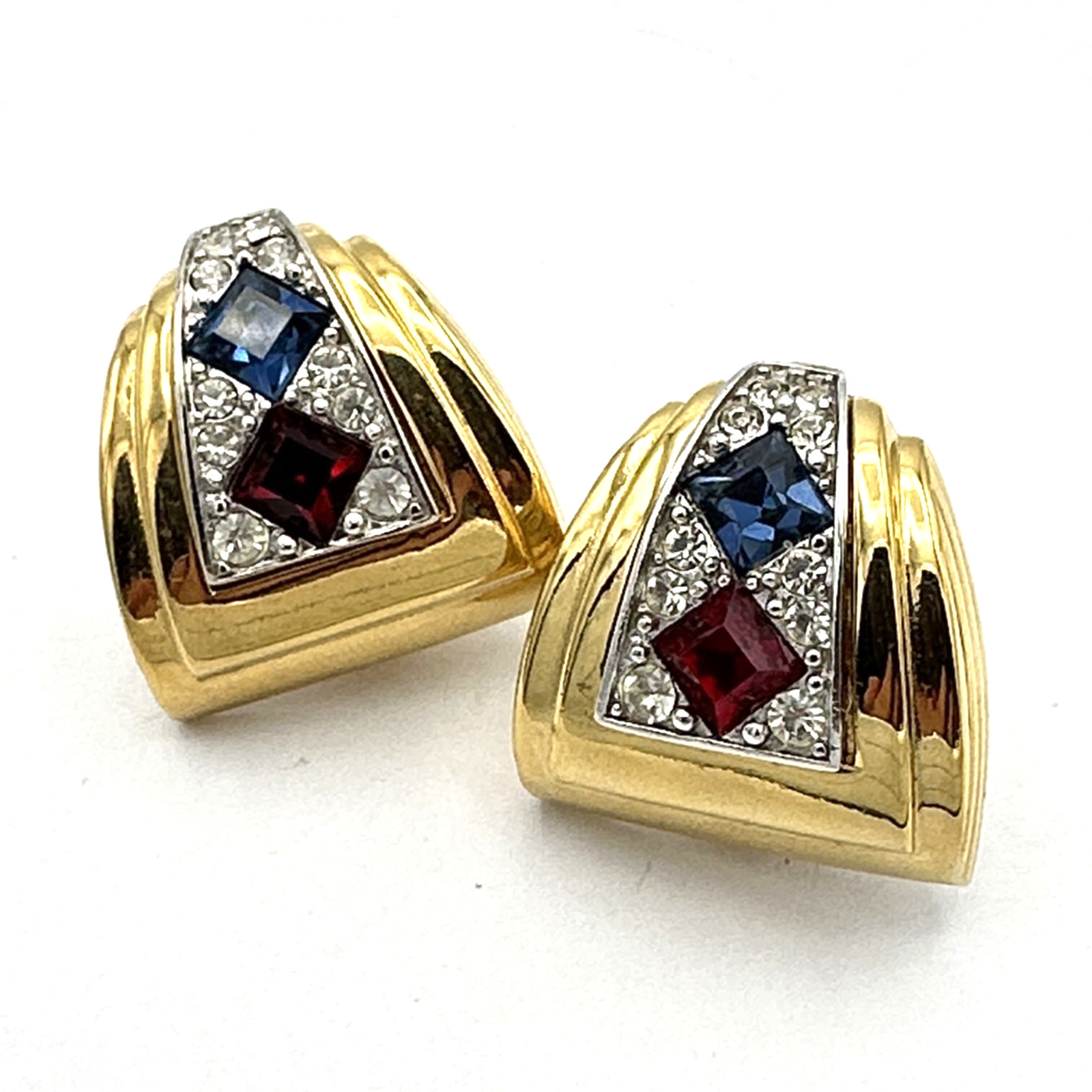 GIVENCHY Paris vintage earrings - gold-tone clip-ons red blue crystal rhinestone