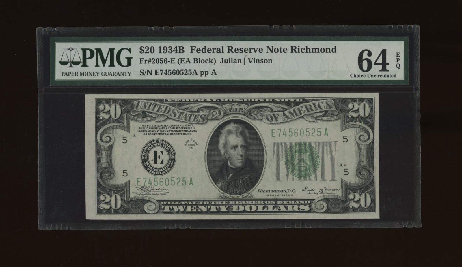 DBR 1934-B $20 FRN Richmond Vinson Fr. 2056-E PMG 64 EPQ Serial E74560525A
