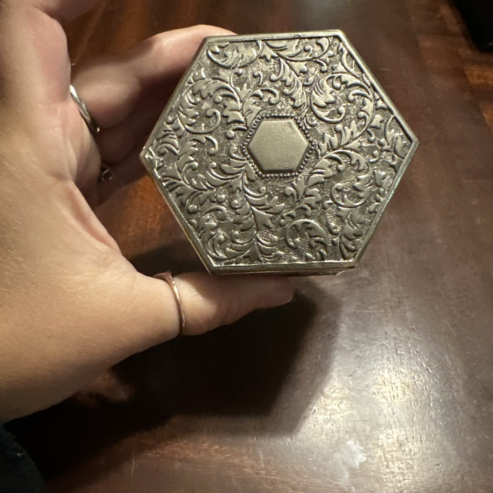 Small Vintage Hexagonal Elegance Silver Plated Embossed Trinket Box
