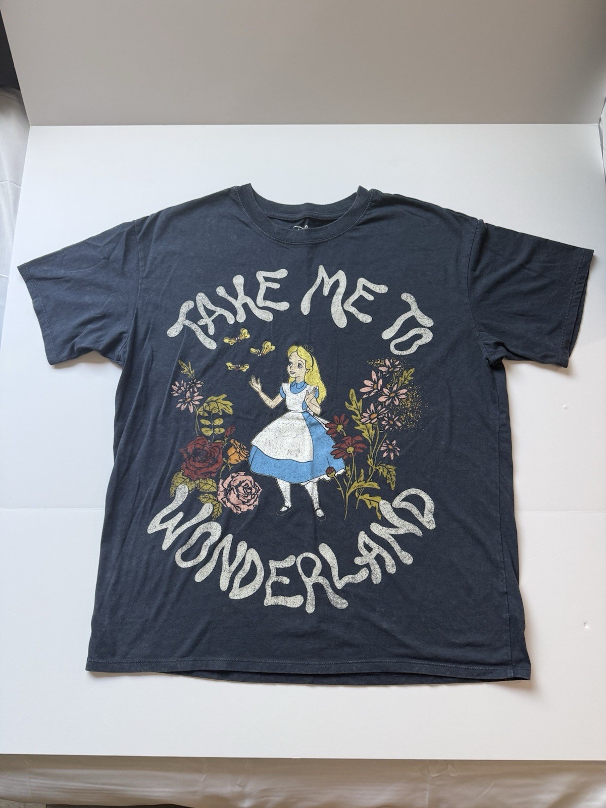 Disney Alice in Wonderland Take Me to Wonderland Graphic T-Shirt XL Navy Floral