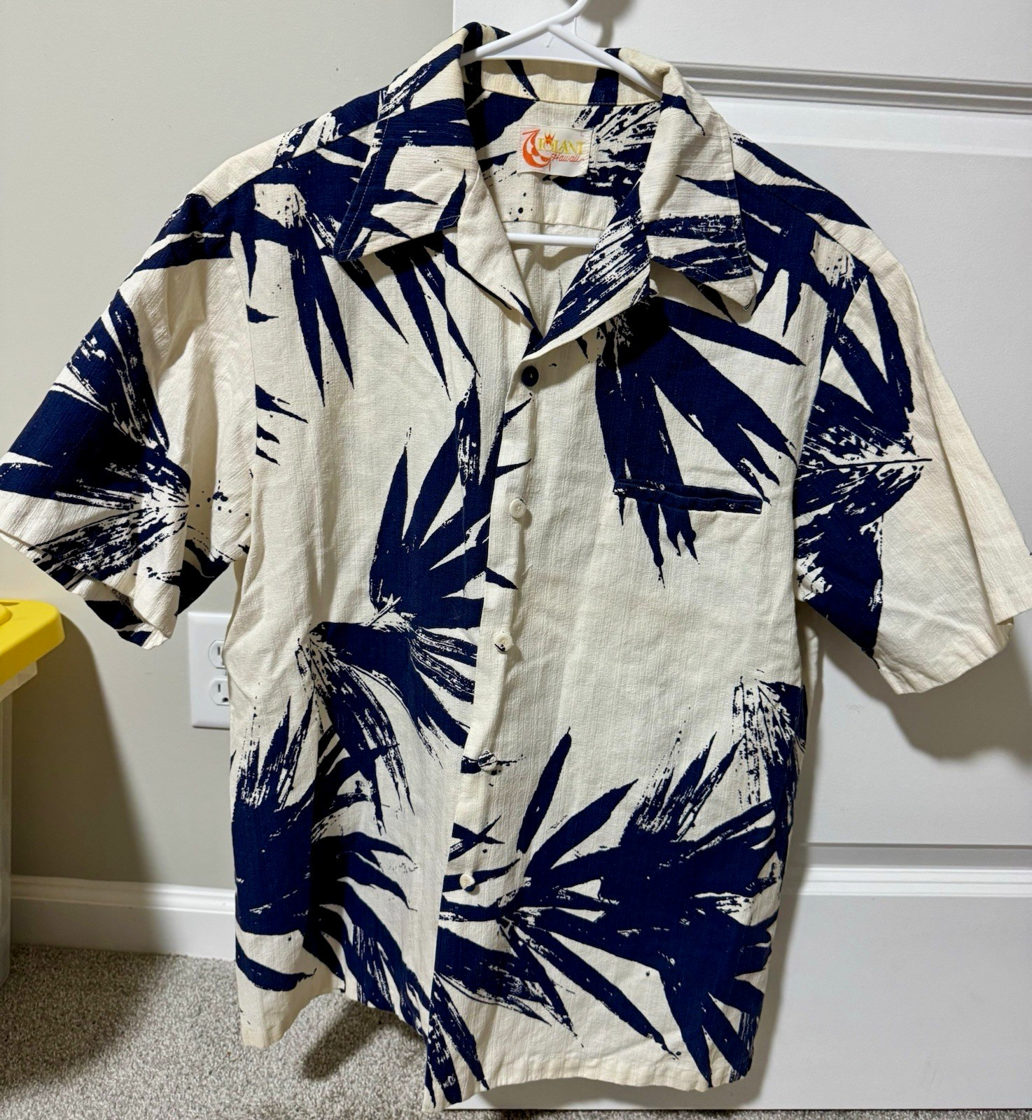 VTG 60s 70s Iolani Hawaii Barkcloth Hawaiian Shirt Men’s  L Cream Blue Palm Leaf
