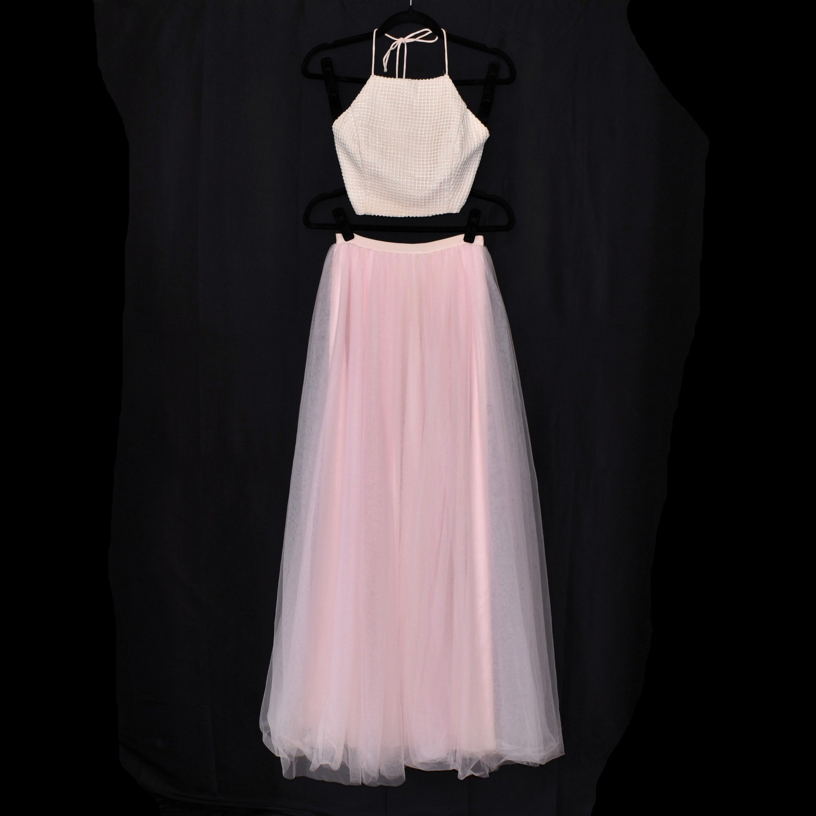 Fame and Partners Pink Tulle Two Piece Set Halter Crop Top Maxi Skirt Size 0 Fame and Partners Pink Tulle Two Piece Set Halter Crop Top Maxi Skirt Size 0