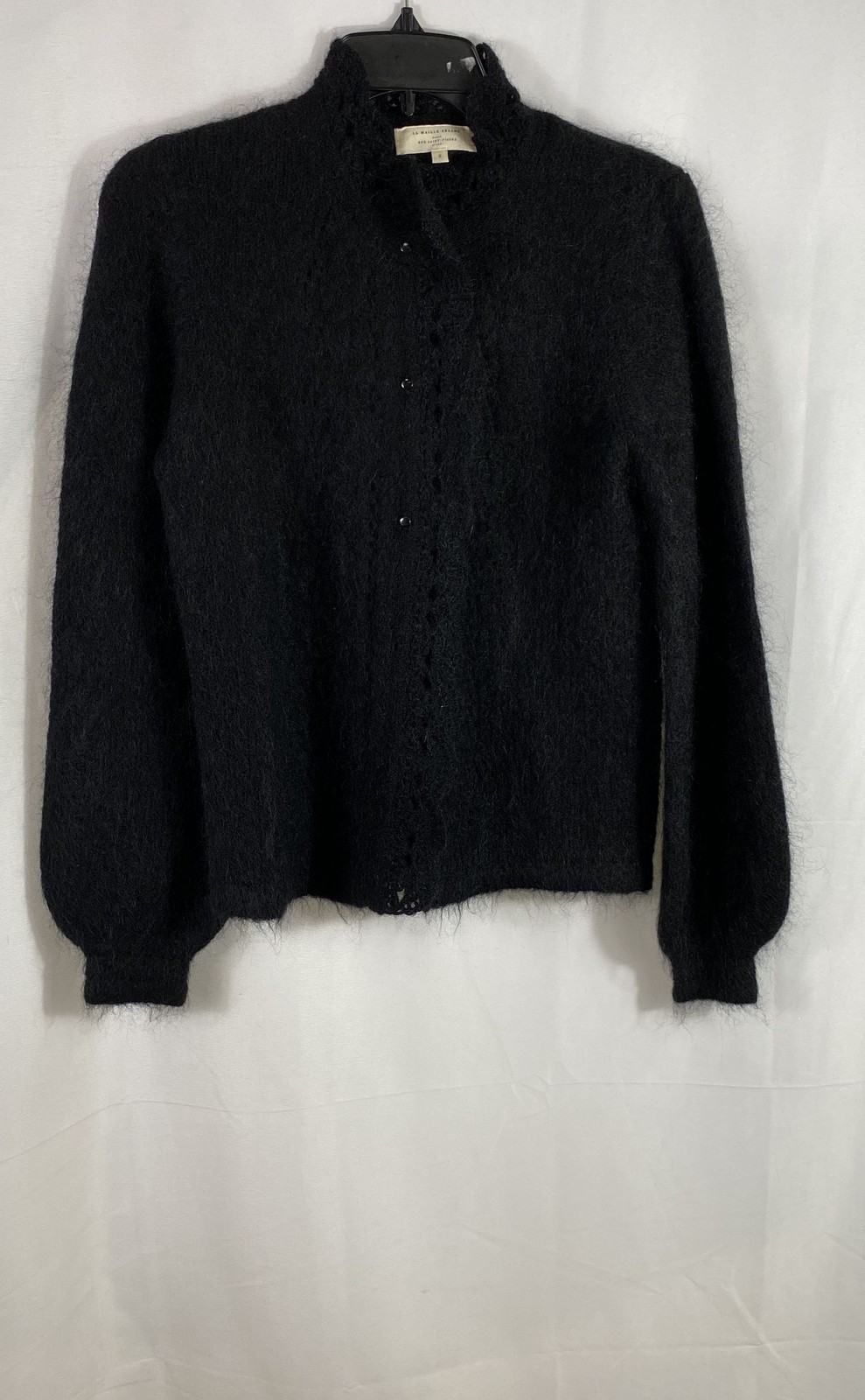 Sezane Women\'s Black Mohair Merino Wool Blend Pointelle Knit Cardigan Sz S