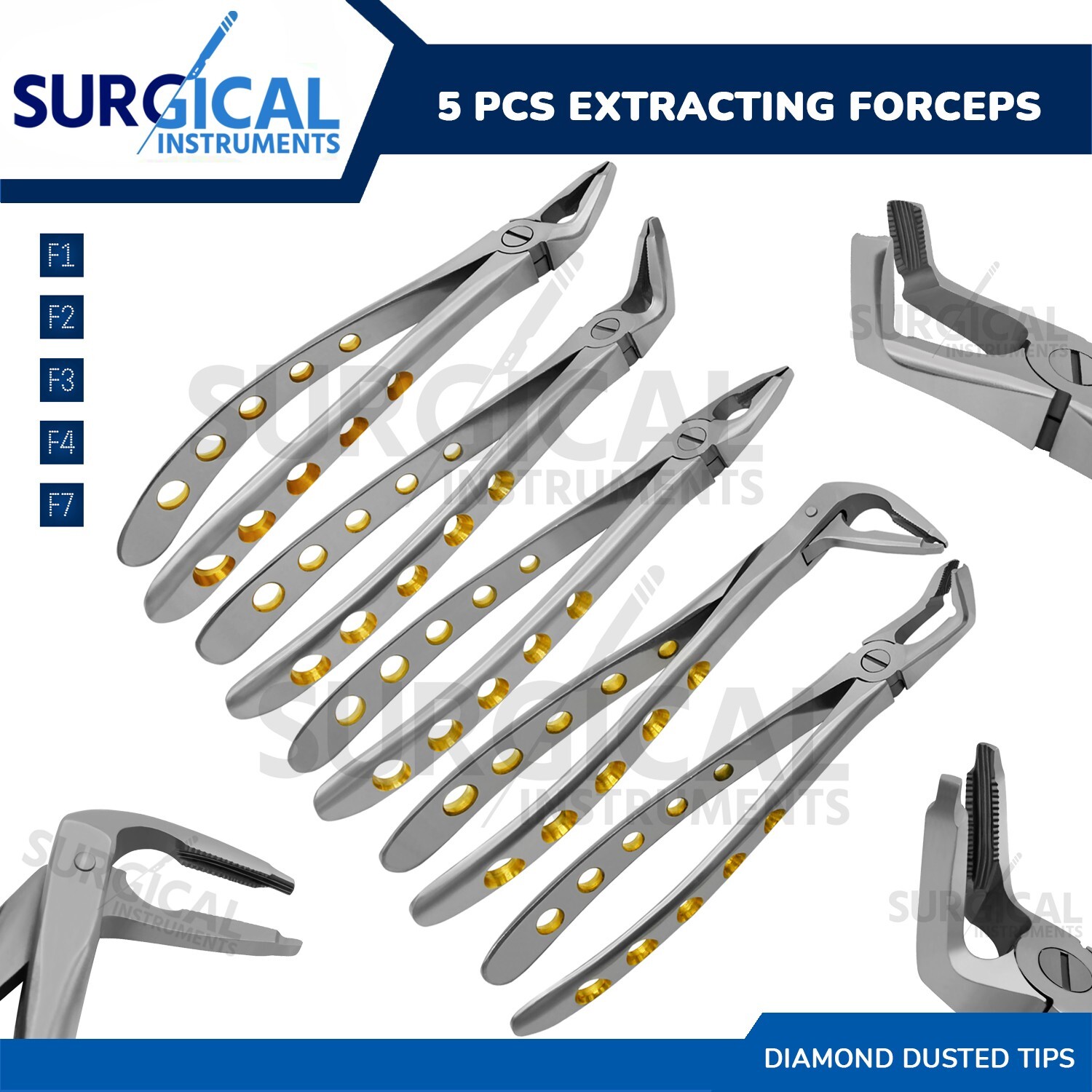 5 Pcs Dental Extracting Forceps F1, 2,3,4,7 Diamond Dusted Gold Handle German Gr