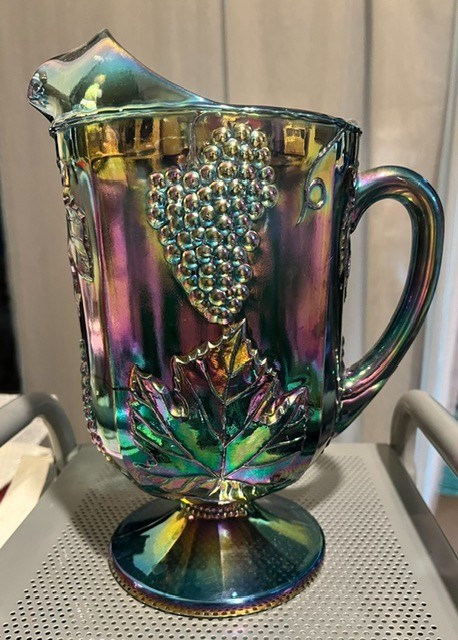 Vintage Iridescent Blue Harvest Grape Indiana Carnival Glass Pitcher Vintage Iridescent Blue Harvest Grape Indiana Carnival Glass Pitcher