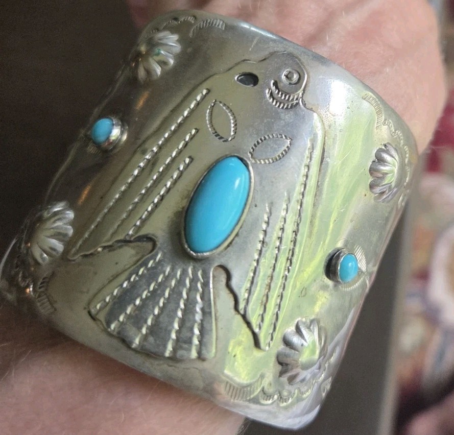 Vintage Navajo Thunderbird Silver Nickel Turquoise Wide Cuff Bracelet