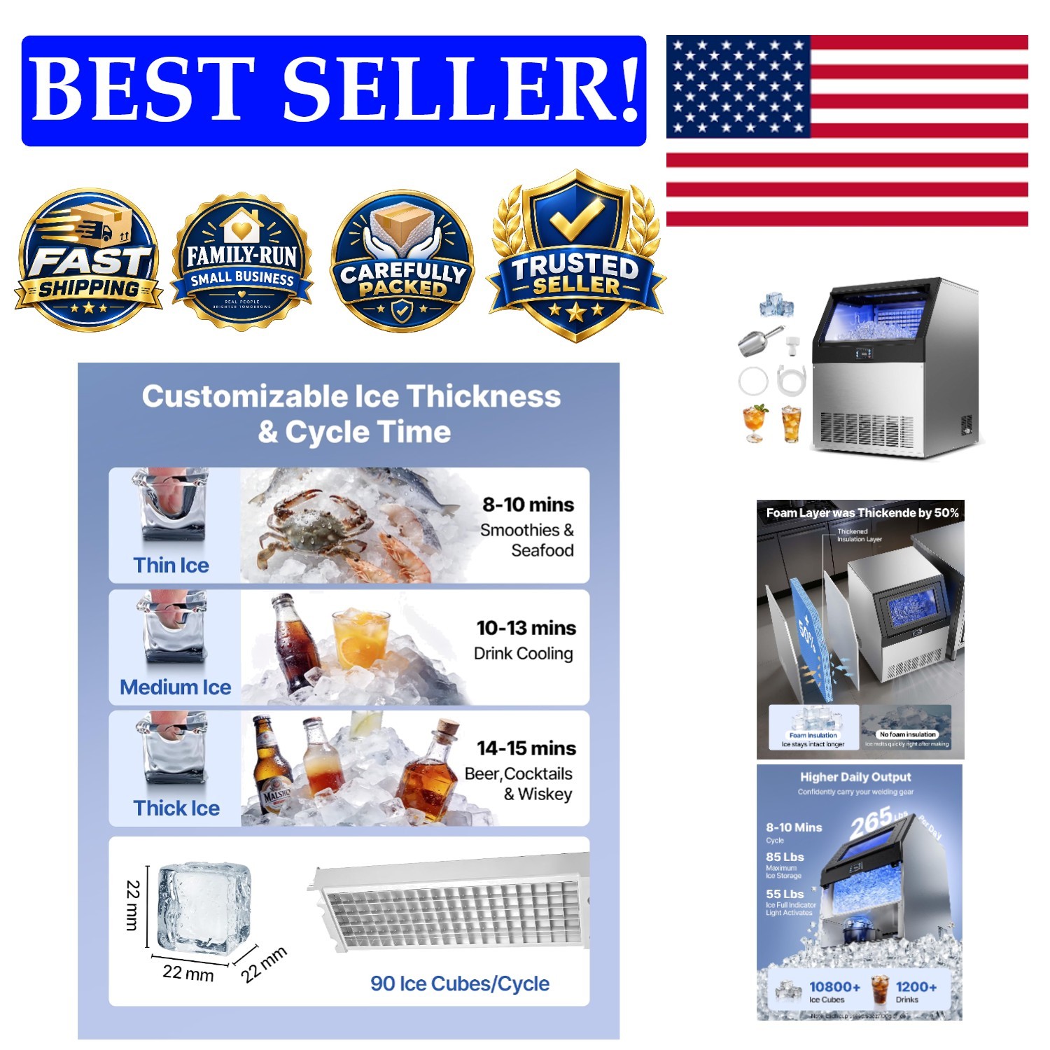 265 lbs/Day Commercial Ice Maker with LED Display - Stainless Steel & Self-Cl...