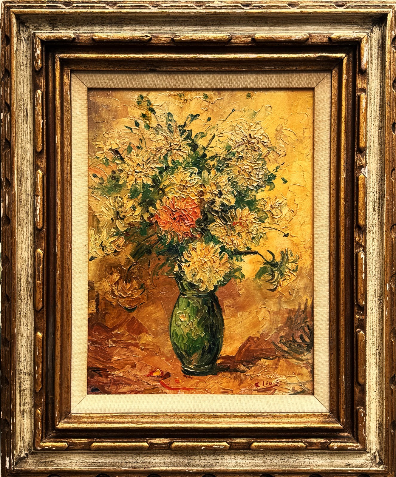 VTG Mid-20-C European School Impasto Impressionist O/C Flower Still Life, Signed