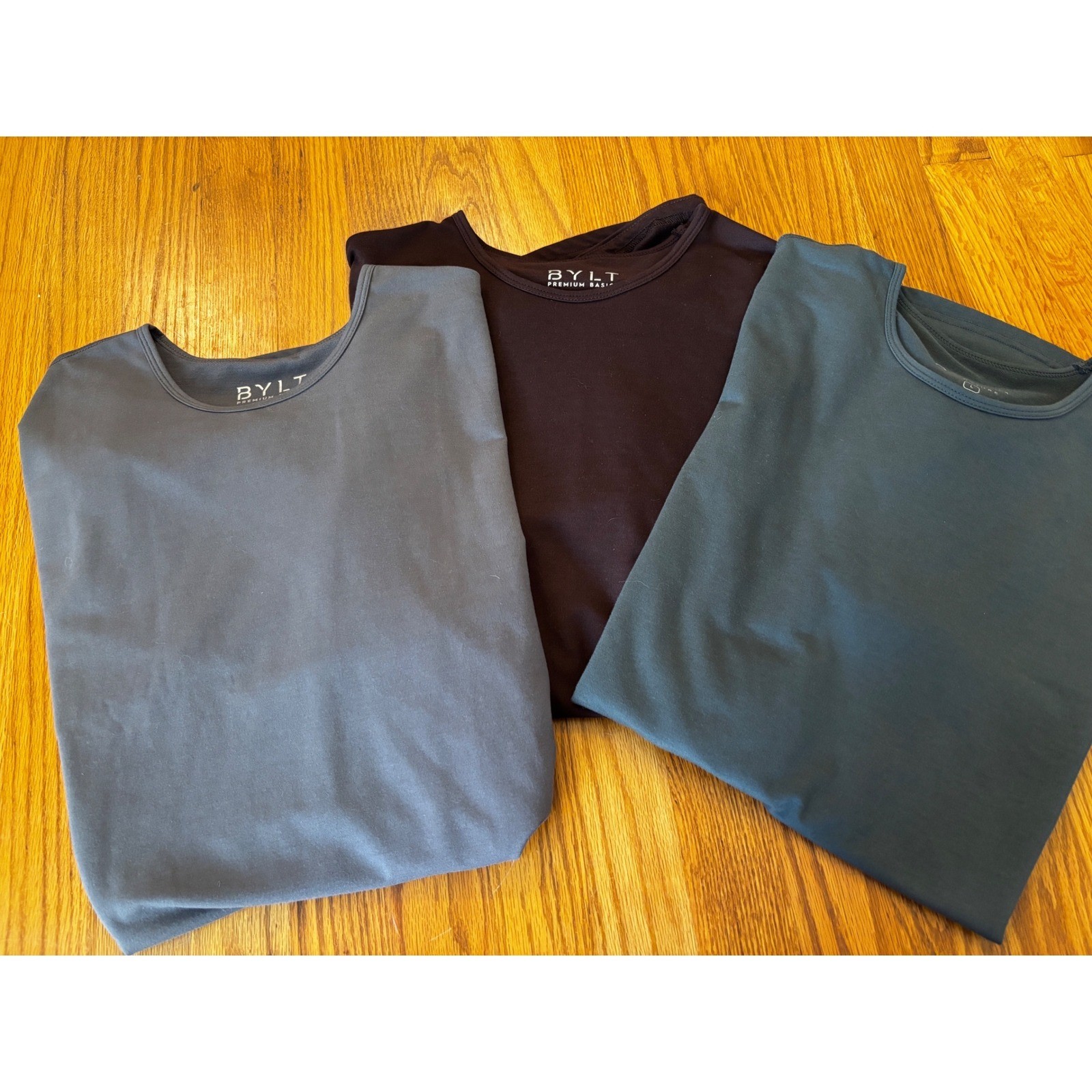 BYLT Premium Basics Signature Tee 3 Pack Bundle Mens Large Curved Hem Grey Blue