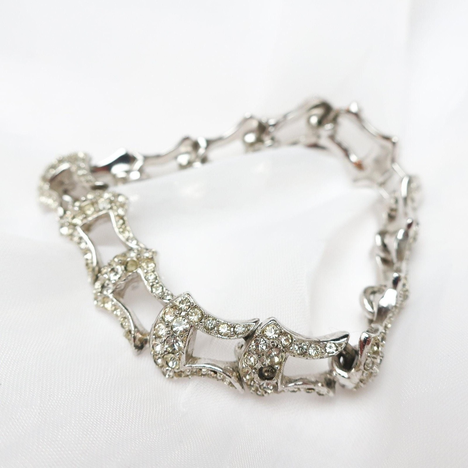 Vintage 1950s Ledo Signed Rhinestone Link Bracelet Silver Tone Geometric 7 Inch