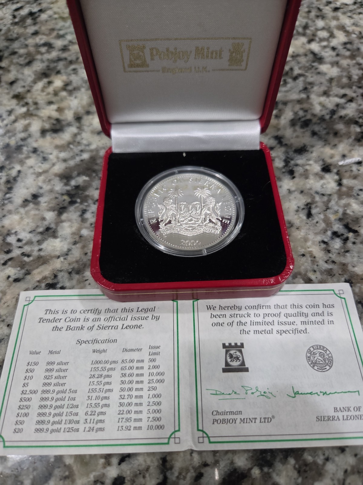 Limited 2004 Republic of Sierra Leone Silver Proof Commemorative Coin Mintage 