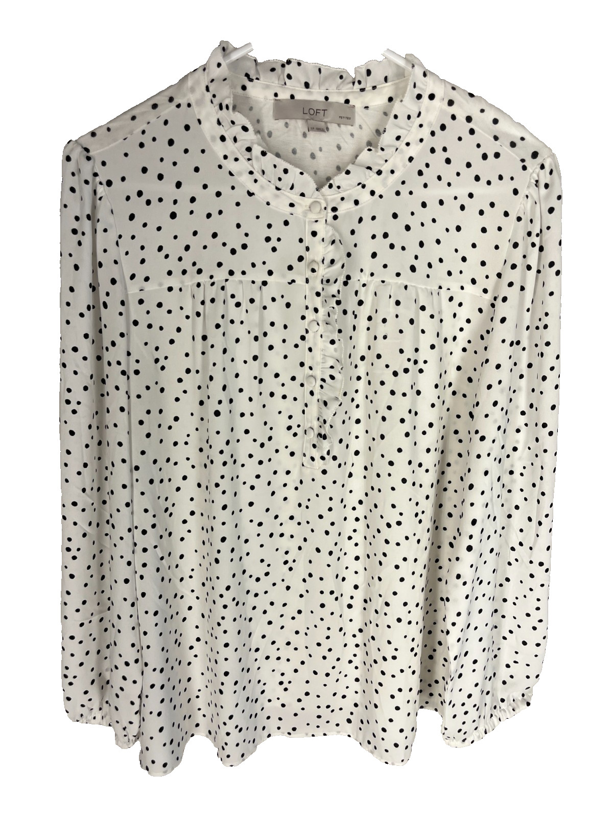 ANN TAYLOR LOFT Top P Large White Black Polka Dot Ruffle Blouse Long Sleeve NEW