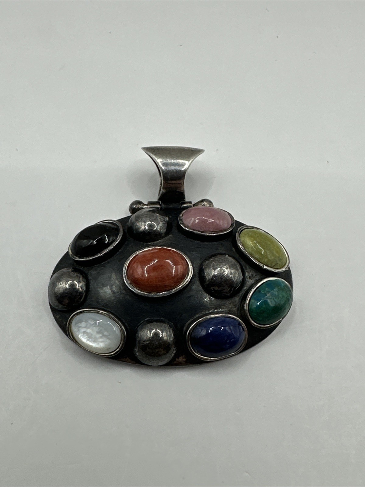 Amazing Vintage 950 Mexico Sterling Silver Modernist Multi Gemstone Pendant