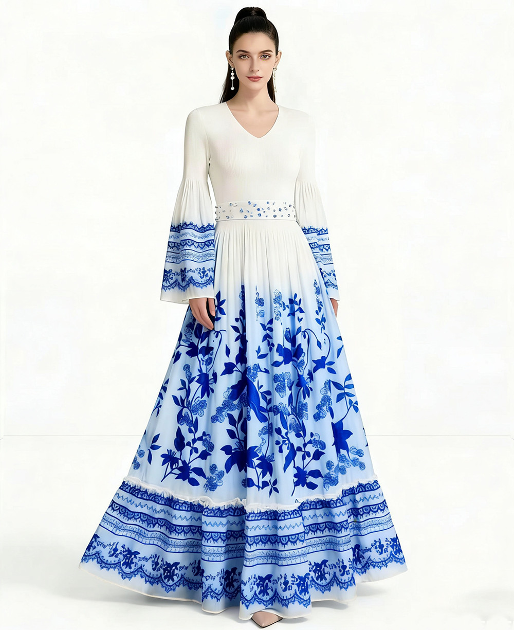 Runway Vintage Floral Print V Neck Long Sleeve Women Casual Party Midi Dresses Runway Vintage Floral Print V Neck Long Sleeve Women Casual Party Midi Dresses