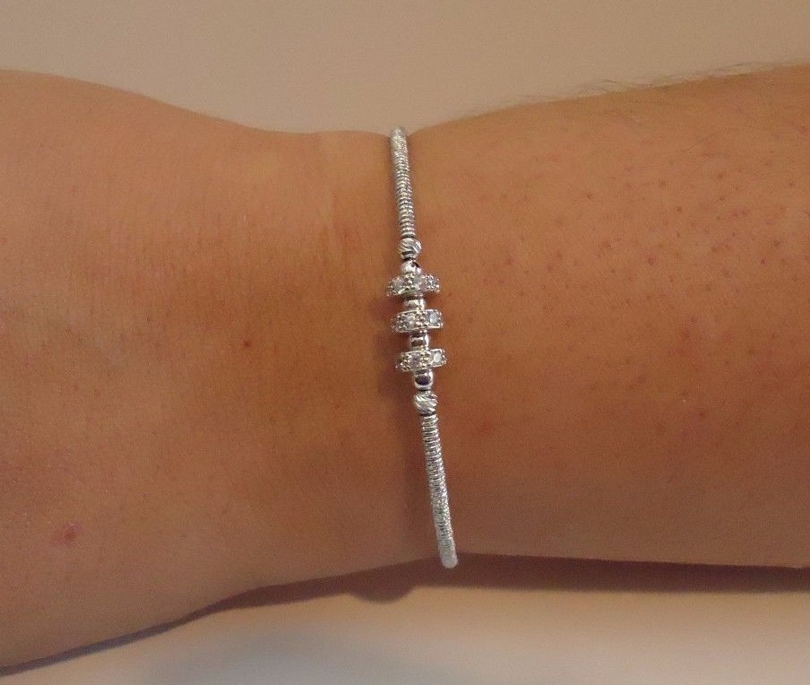 ITALIAN MADE OPEN BANGLE W/ ACCENTS / 18K WHITE GOLD OVER 925 STERLING SILVER 