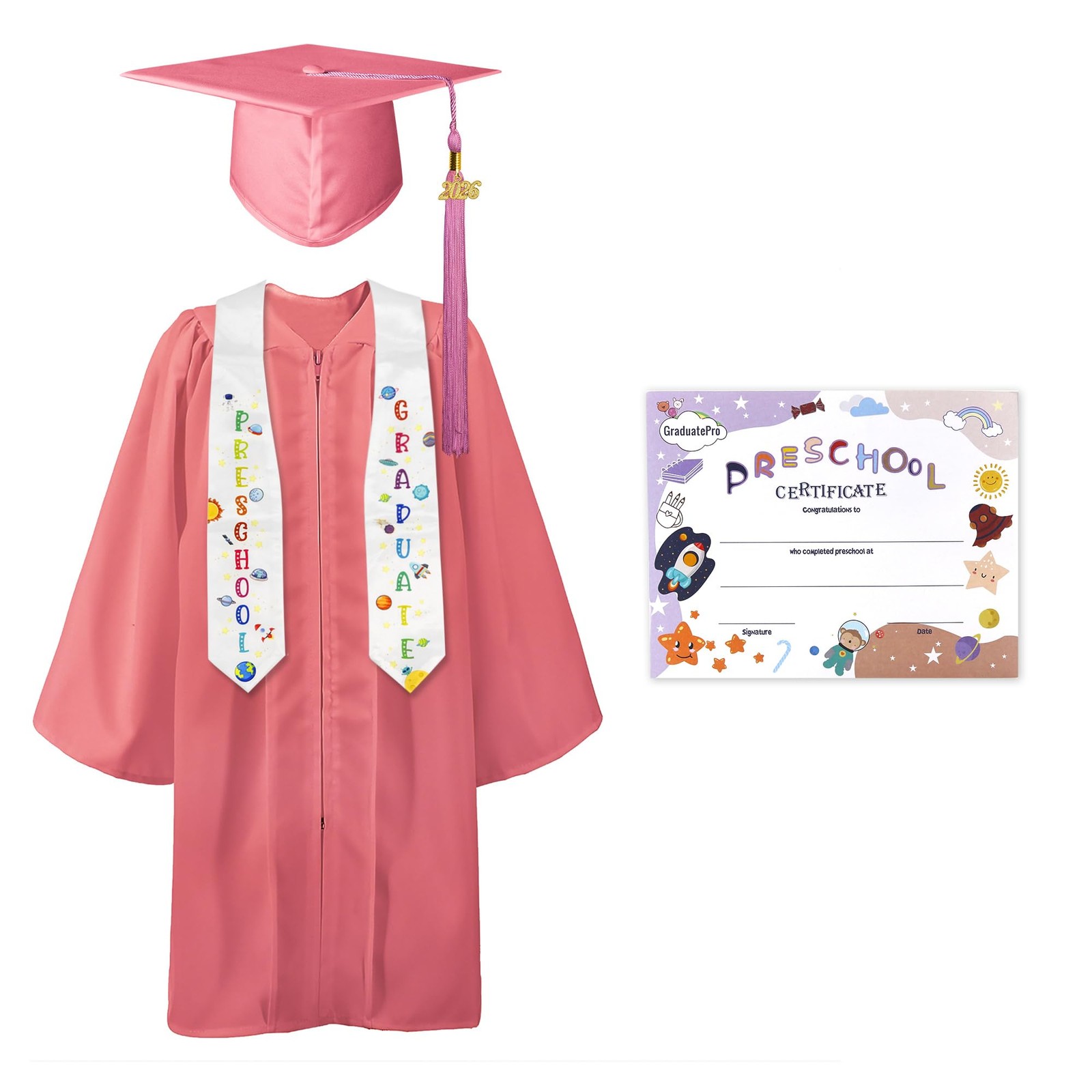 GraduatePro Preschool Graduation Cap Gown Class of 2026 Stole Tassel Set Pink 36