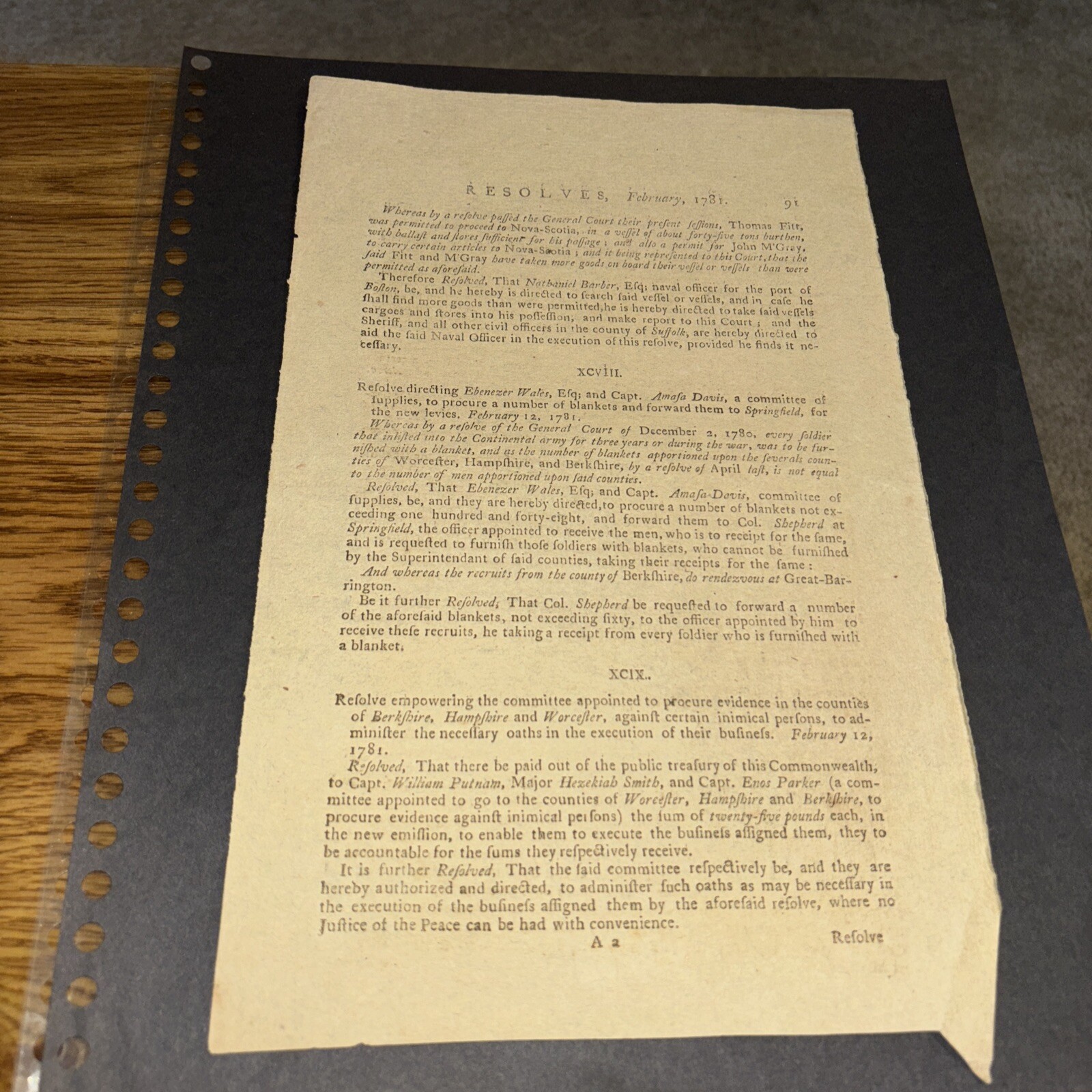 Resolves, February 1781 Antique Leaf NOT AUTHENTICATED