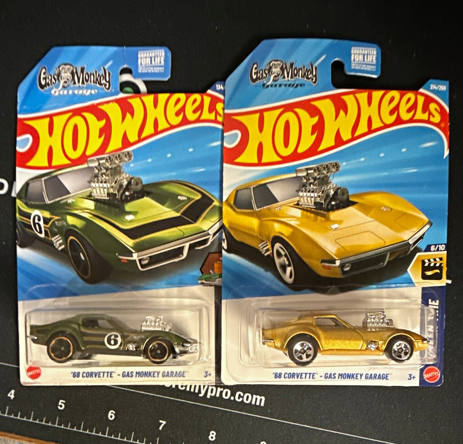 Hot Wheels Gas Monkey Garage \'68 Corvette 1:64 Diecast Cars Lot of 2 Green/Gold Hot Wheels Gas Monkey Garage \'68 Corvette 1:64 Diecast Cars Lot of 2 Green/Gold