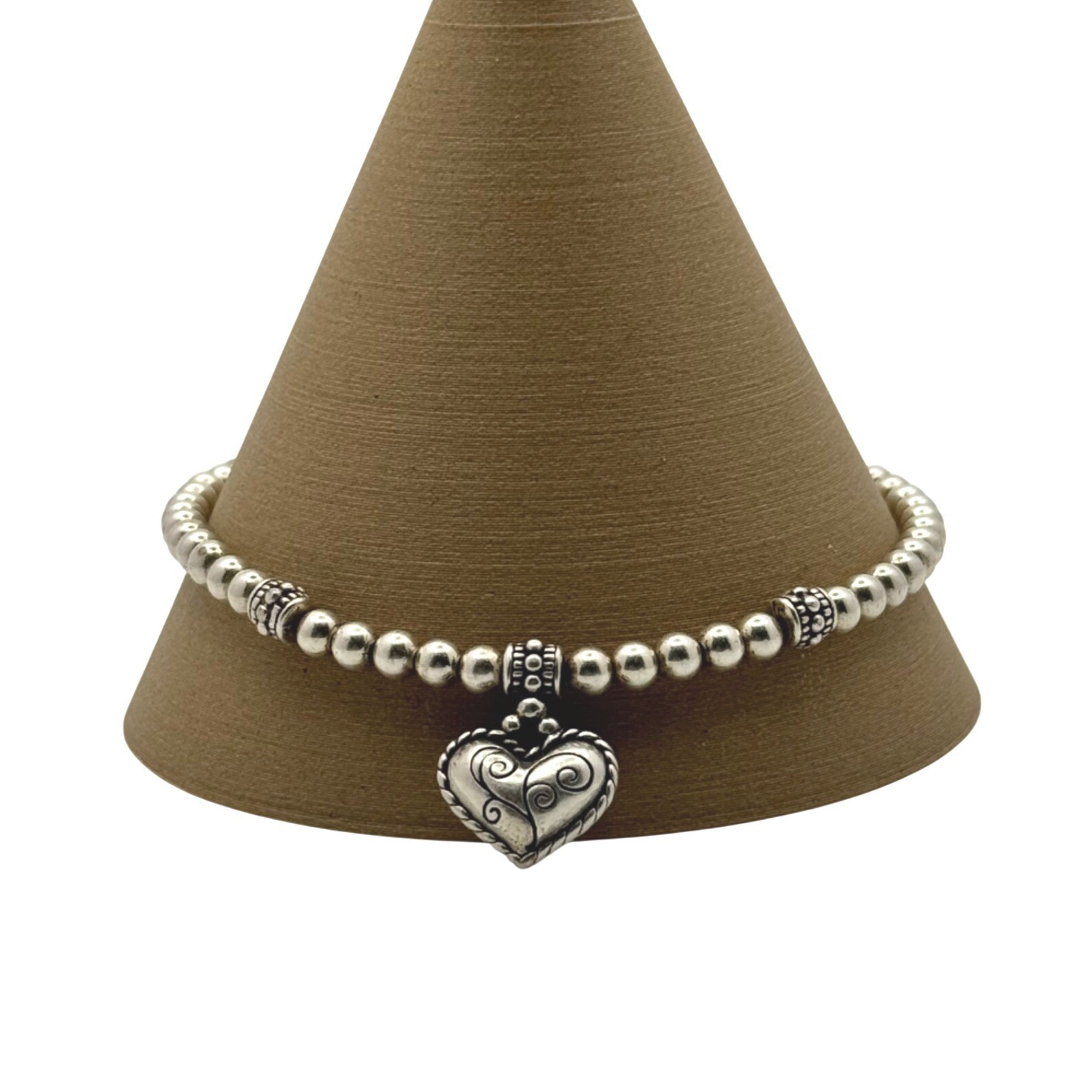 Brighton Meridian Heart Charm Bracelet Silver Beaded Retired 7\ Brighton Meridian Heart Charm Bracelet Silver Beaded Retired 7\