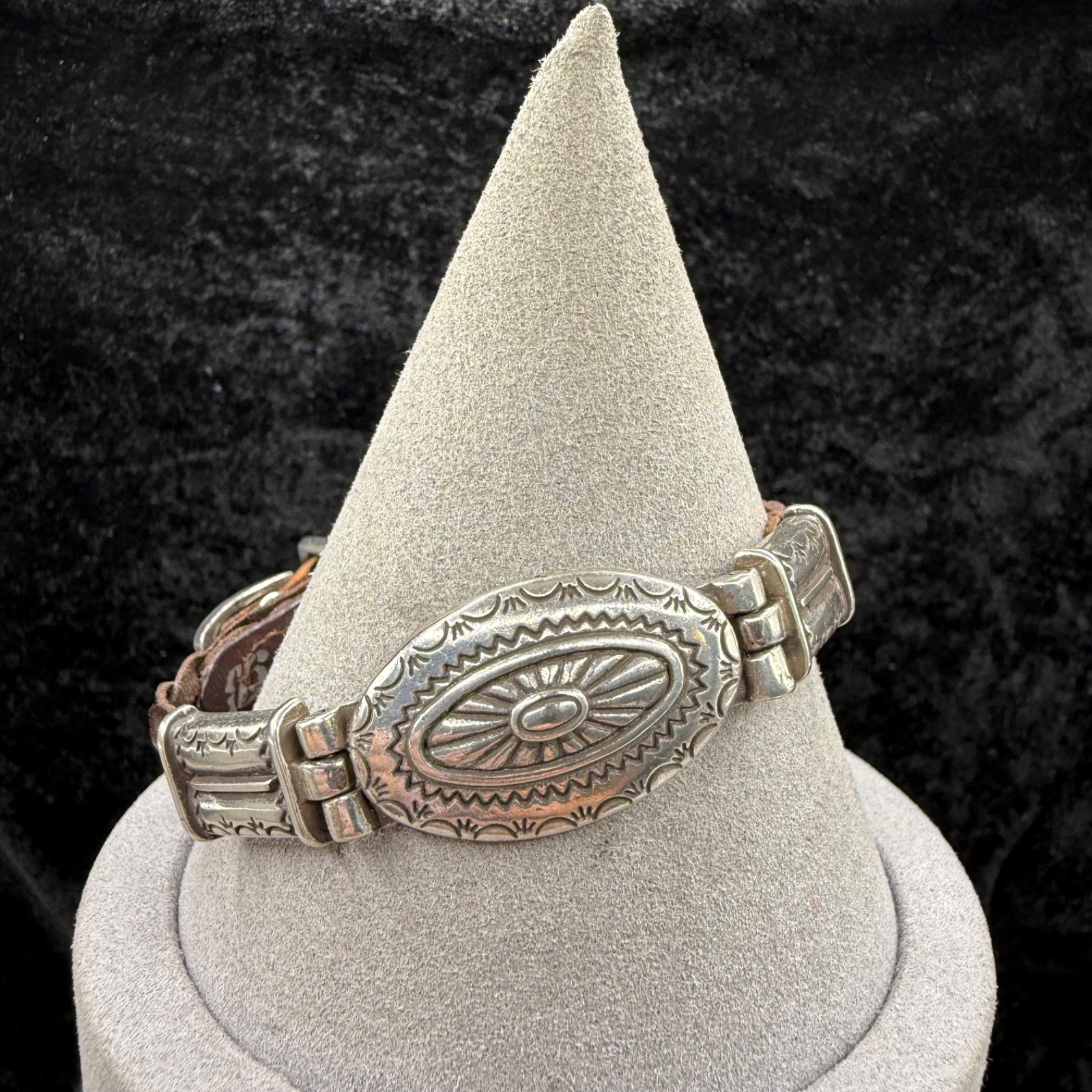 Vintage Brighton Braided Leather Bracelet Silver Tone Concho Southwestern Signed