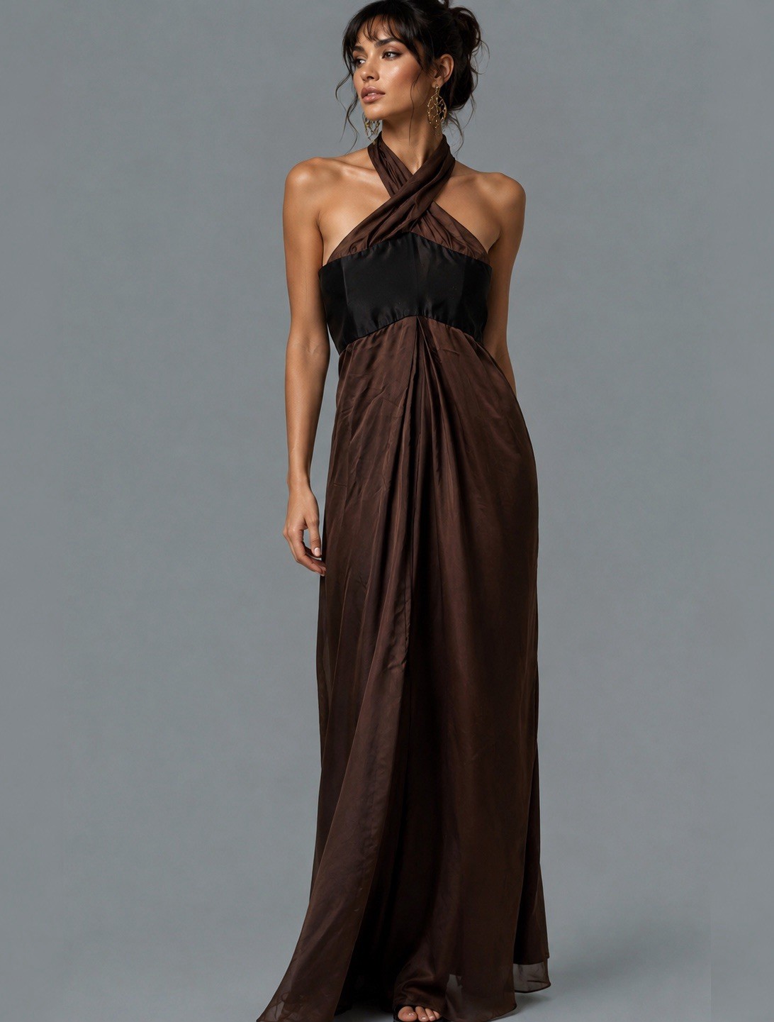 Vintage KENZO Defile Runway Silk Halter Maxi Dress Gown Brown Black FR 40 US 8