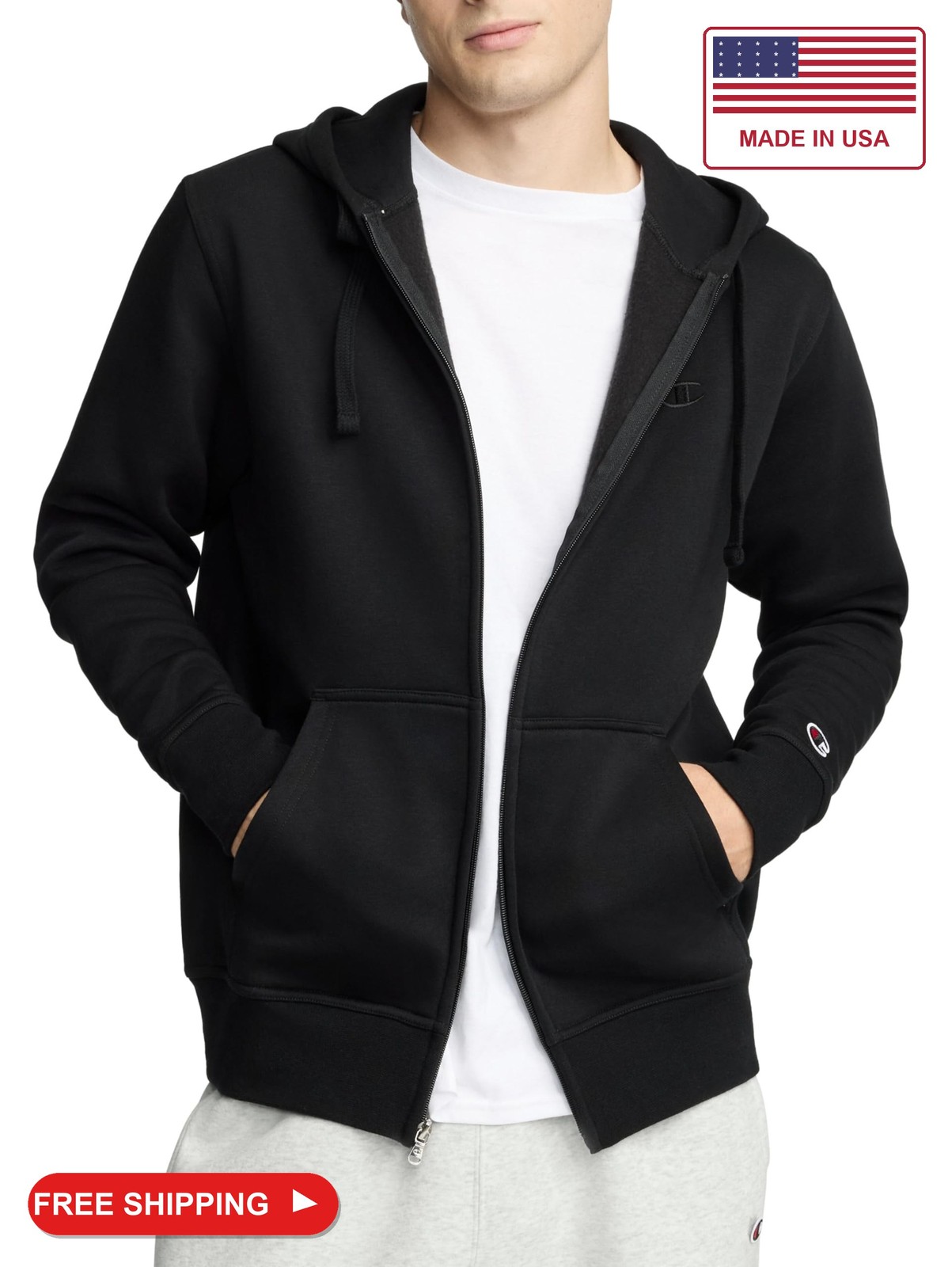 Champion Men\'s Powerblend Full-Zip Hoodie, Standard Fit, Midweight Fleece, Black Champion Men\'s Powerblend Full-Zip Hoodie, Standard Fit, Midweight Fleece, Black
