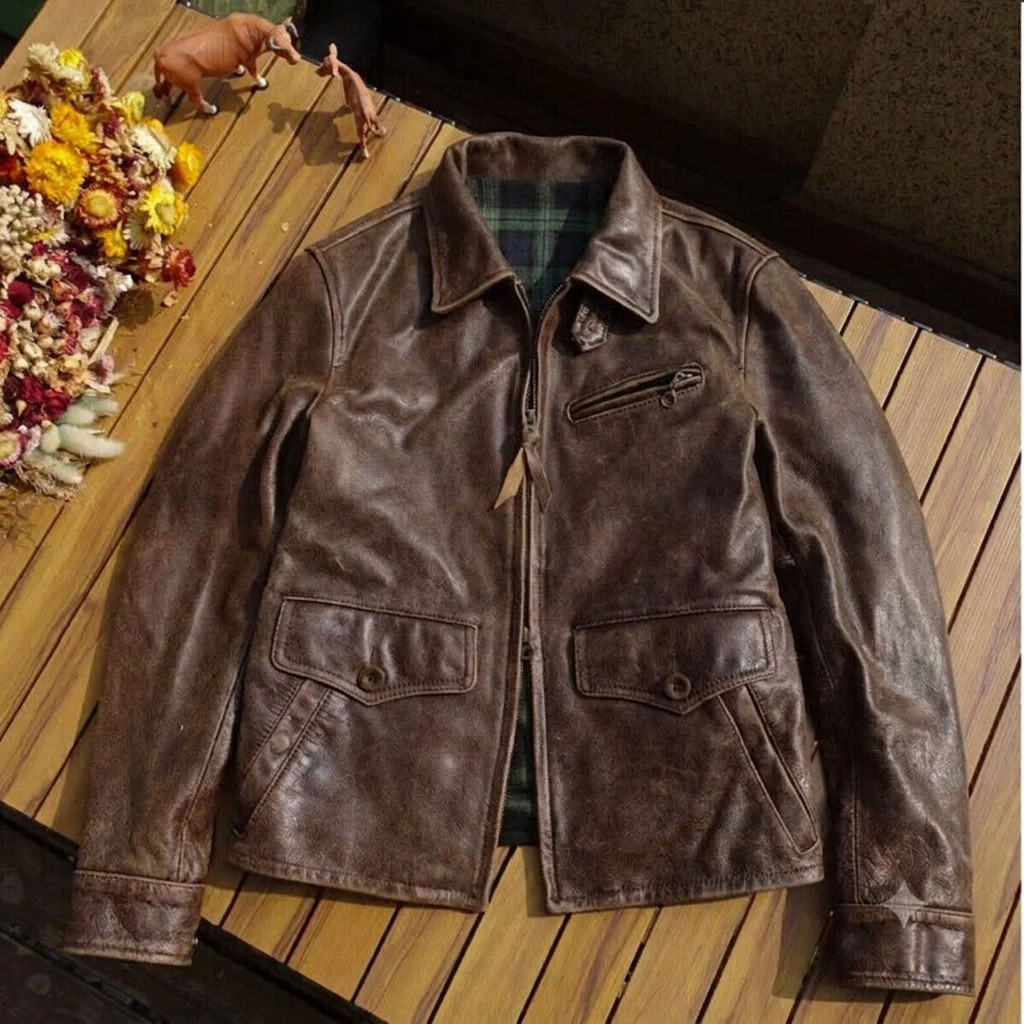 Vintage Buffalo Hide Leather Jacket Men Distressed Crackled Brown Flight Style