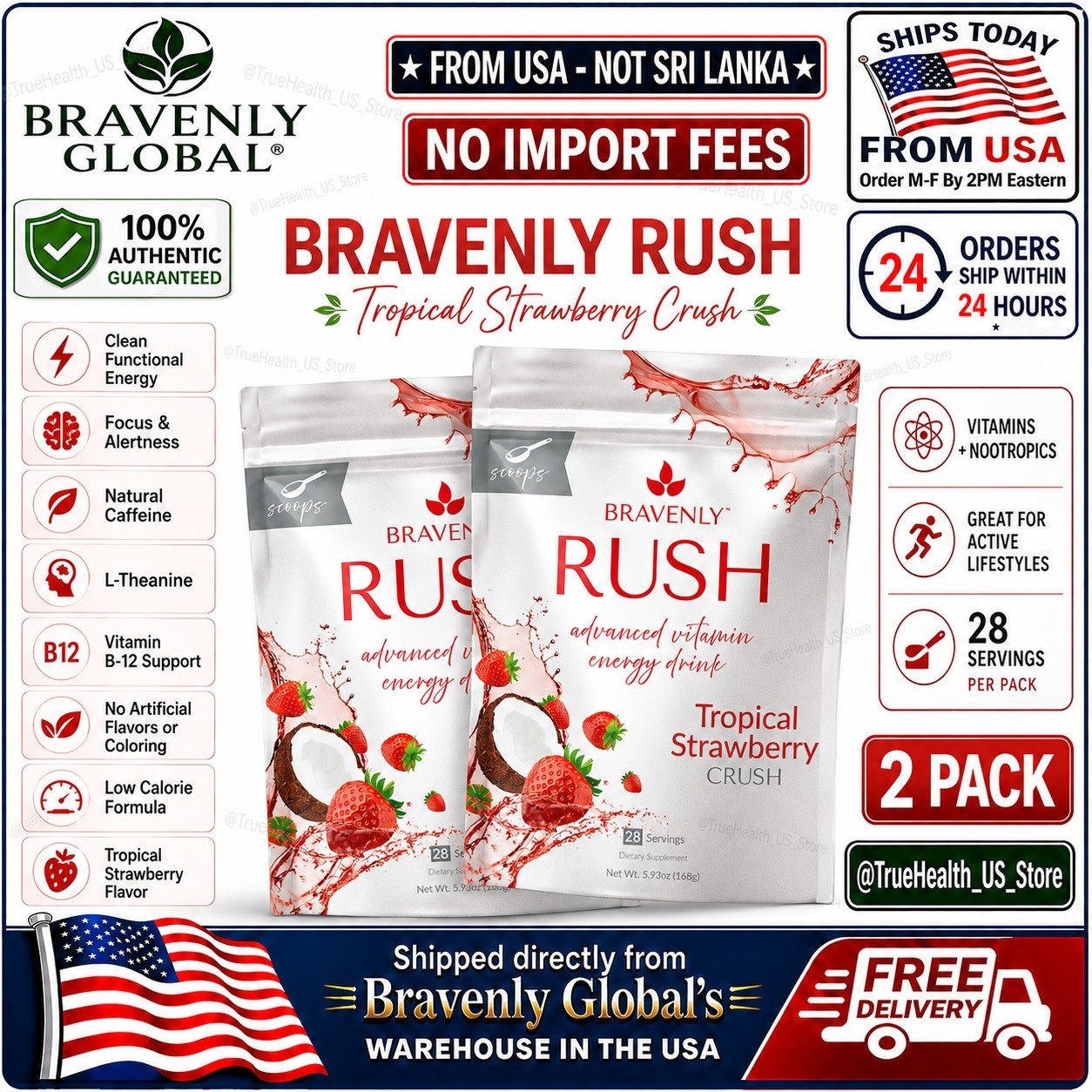 2x Bravenly Rush TROPICAL STRAWBERRY CRUSH 56 Servings Energy Drink Mix Sealed🔥