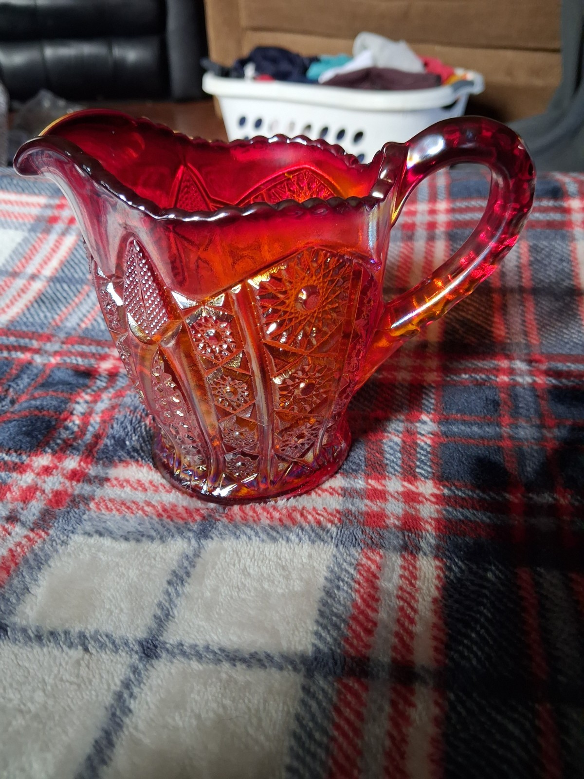  Amberlina Glass Creamer Pitcher Iridescent Sunset  Carnival Vintage Glows W/ UV