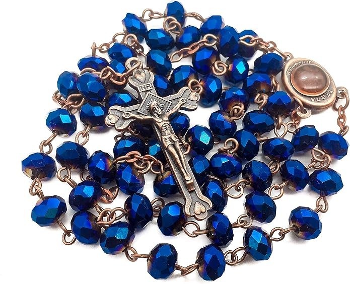 Deep Blue Crystal Beads Rosary Catholic Necklace Antique Holy Soil Medal & Cross