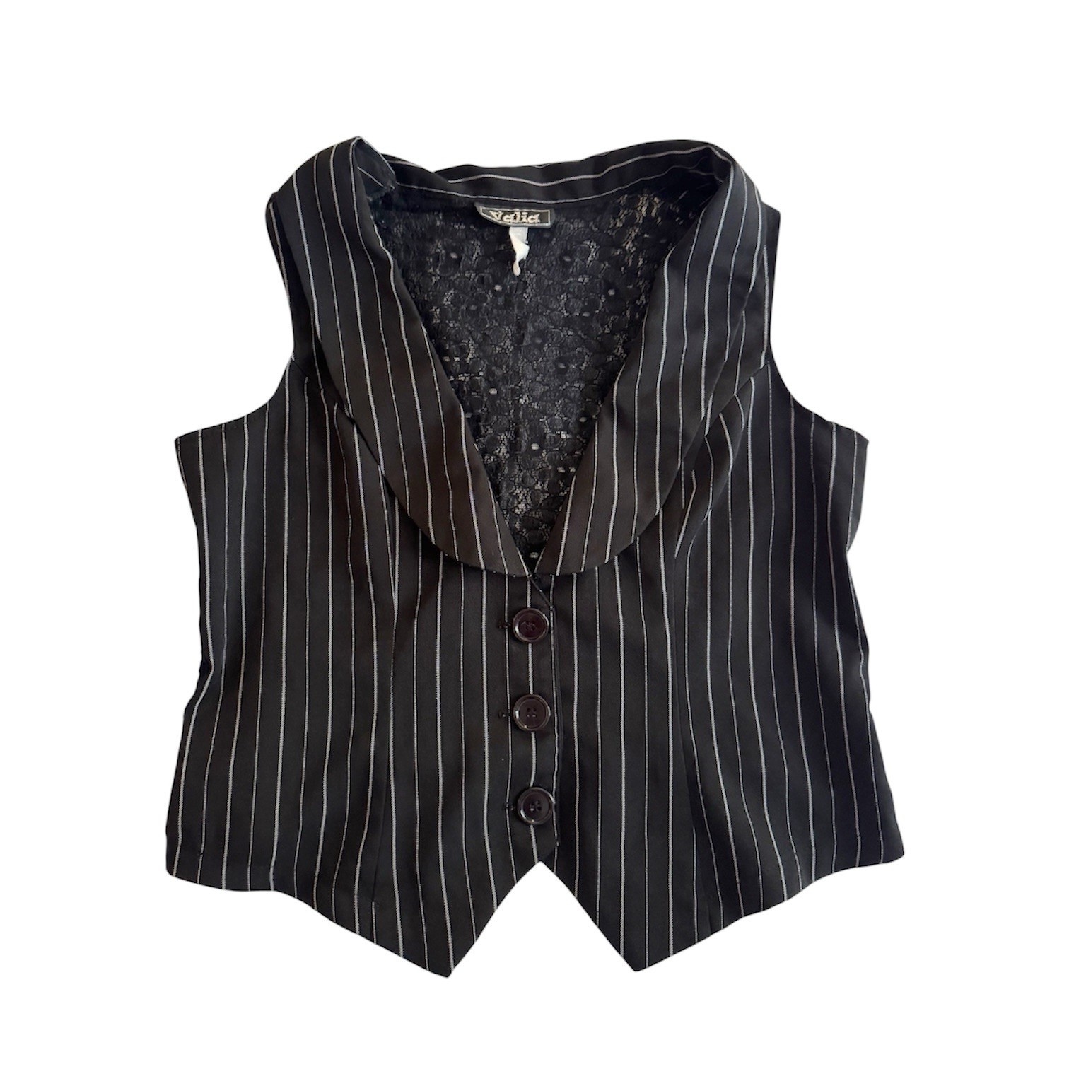 VTG TrashyY2k Goth Fairy Grunge Pinstripe Black Flower Mesh Back Baby Tee Vest M