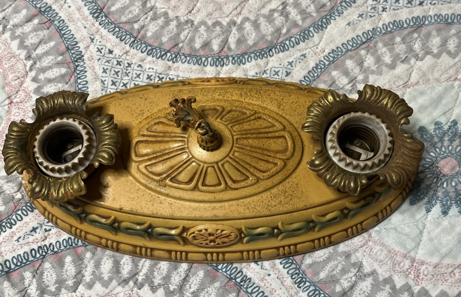 Antique Vtg Art Deco 2 Light Flush Mount Ceiling Fixture Floral 