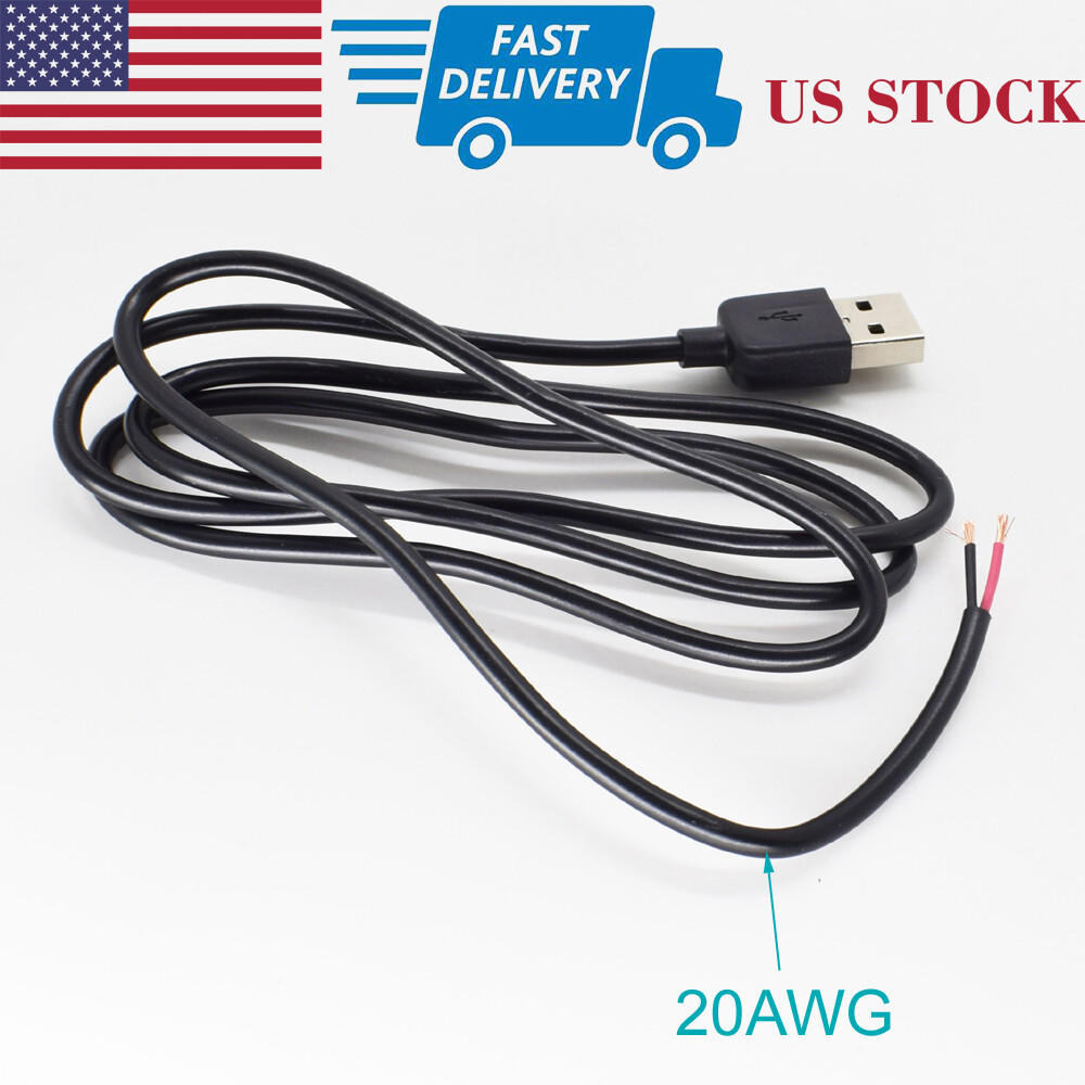 2pcs 1M/3.3FT 20AWG USB 2.0 Male Plug 2pin Wire DIY Pigtail Cable Black (US)
